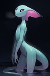 3_eyes 3_fingers blue_body blue_skin female fin fingers glistening glistening_body glistening_skin head_fin multi_eye not_furry partially_submerged purple_eyes solo water mythrava alien humanoid absurd_res hi_res