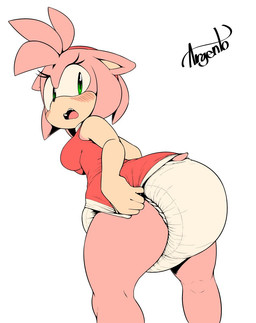 anthro big_diaper blush breasts clothed clothing diaper diaper_under_clothing diaper_under_dress dress eyelashes female fur green_eyes hair holding_clothing holding_dress holding_object looking_back open_mouth pink_body pink_fur pink_hair rear_view red_clothing red_dress red_hairband side_boob simple_background solo tail teeth thick_thighs tongue upskirt wearing_diaper white_background sophiepoof sega sonic_the_hedgehog_(series) amy_rose eulipotyphlan hedgehog mammal hi_res signature