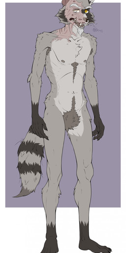 anthro armpit_tuft beard burn_scar crotch_tuft cut_ear elderly elderly_anthro elderly_male facial_hair fangs fur male navel nipples nude open_mouth scar skinny skinny_anthro skinny_male solo standing teeth tuft whiskers jimfoxx rufus_t._rascher mammal procyonid raccoon 2026 absurd_res hi_res signature