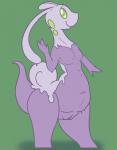 anthro anthrofied barefoot biped breasts dripping feet female gastropod generation_6_pokemon genitals green_eyes hi_res looking_at_viewer mollusk navel nintendo nipples non-mammal_breasts nude pokemon pokemon_(species) posexe purple_body purple_skin pussy scalie simple_background sliggoo slightly_chubby slime small_breasts smile solo standing thick_thighs wide_hips