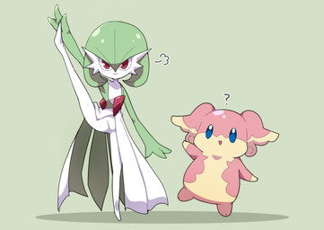 ambiguous_gender blue_eyes blush duo exercise fur green_hair hair i-shaped_balance looking_at_viewer pink_body pink_fur question_mark raised_leg red_eyes simple_background yellow_body yellow_fur maks nintendo pokemon audino gardevoir generation_3_pokemon generation_5_pokemon pokemon_(species)