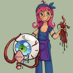 accessory ambiguous_gender apron bald blood blue_clothing bodily_fluids breasts clothing crying despair dismemberment duo earless eyebrows eyelashes fail female funny_face glistening glistening_eyes gore green_eyes hair hair_accessory hand_on_forehead hand_on_head headband heterochromia holding_forehead humor limb_loss looking_at_mirror looking_at_object male male/female mirror multicolored_eyes not_furry pain pink_hair pseudo_hair purple_clothing ruffled_sleeves sadistic_smile shocked simple_background smug_expression smug_face smug_grin smug_smile suffering tears tentacle_hair tentacles toony toony_expression vein nacurenyzernomex terraria eye_of_cthulhu_(terraria) stylist_(terraria) eldritch_abomination eldritch_being eye_creature human mammal monster organ_creature 1:1 meme male_(lore)