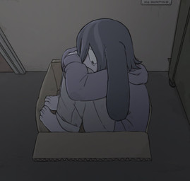 ambiguous_gender anthro barefoot bottomwear box cardboard cardboard_box clothing container denim denim_bottomwear denim_clothing detailed_background feet floppy_ears grey_hair hair hoodie jeans lop_ears pants sitting solo stained_clothing topwear homie_(artist) clinical_trial angel_martinez lagomorph leporid mammal rabbit digital_media_(artwork) hi_res nonbinary_(lore)