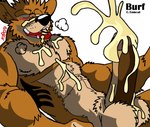 abs anthro balls blush bodily_fluids cum cum_on_chest cum_on_face cum_on_own_chest cum_on_own_face cum_on_own_tongue cum_on_self cum_on_tongue cumshot ejaculation erection featureless_chest furry_balls genital_fluids genitals humanoid_genitalia humanoid_penis male muscular muscular_male pecs penis simple_background solo text tongue white_background racthetmechanic burf_bear bear brown_bear grizzly_bear mammal ursine 2009 english_text signature