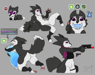 3_toes 4_fingers alternate_species ambiguous_gender anthro arm_wraps armor bag bandage bent_legs big_butt biped black_body black_fur blep blush blush_lines bodily_fluids bottomless brain_damage bulletproof_vest butt chest_tuft chibi clothed clothing container countershading crotch_tuft digitigrade dipstick_tail drugs eating eating_food eyelashes eyes_closed fangs featureless_chest featureless_crotch feet fentanyl fingers flat_chested fluffy fluffy_tail food fruit fur gameplay_mechanics gesture grey_background gun hair hand_gesture handgun happy heart_symbol holding_gun holding_handgun holding_object holding_pistol holding_ranged_weapon holding_weapon hug information_box kneeling leg_wraps legwear looking_at_viewer markings moodles mostly_nude multicolored_body multicolored_fur multicolored_tail multiple_poses neck_tuft nude open_mouth partially_clothed pawpads paws pear pink_pawpads pistol plant pose presenting purple_eyes purple_scarf raised_leg raised_tail ranged_weapon rear_view saliva saliva_string scarf side_view simple_background sitting smile solo spread_legs spreading standing sweat tail tail_markings teeth text text_box thick_thighs thumbs_up toes tongue tongue_out topwear tuft tufted_fur two_tone_body two_tone_fur usp_.45 vest waving waving_at_viewer weapon white_body white_fur wide_hips wraps daim0nio casualties:_unknown fyr_(fenrir784) canid canine expie_(gunsawian) gunsawian hybrid mammal murid rodent 2026 absurd_res colored digital_drawing_(artwork) digital_media_(artwork) english_text hi_res meme signature sketch_page watermark