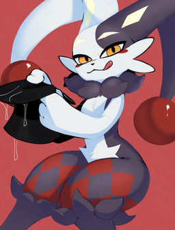 ambiguous_gender anthro black_body black_fur black_nose bodily_fluids cheek_tuft clothing eyelashes facial_tuft fur hat headgear headwear holding_clothing holding_hat holding_headgear holding_headwear holding_object jester licking licking_lips looking_at_viewer markings multicolored_body multicolored_fur neck_tuft red_background red_markings saliva saliva_string simple_background sitting solo suggestive tongue tongue_out top_hat tuft white_body white_fur yellow_eyes yellow_markings negasimon palworld pocketpair dupin_(pal) lagomorph leporid mammal pal_(species) rabbit absurd_res hi_res