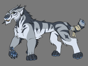 bandage bandaged_tail blue_eyes claws countershading diamond_(marking) eyelashes feral fur gradient_fur grey_body grey_fur markings smile smirk spots spotted_markings standing stripes puppythekat jezebel_(puppythekat) felid mammal pantherine tiger 2025