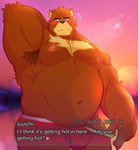 anthro armpit_hair barazoku black_nose blush body_hair brown_body bulge clothing humanoid_hands male musclegut muscular nipples outside solo text underwear obstacle033 morenatsu juuichi_mikazuki bear mammal 2022 english_text hi_res