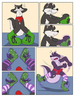 angry anthro black_body black_ears black_fur black_nose body_control boots border briefs cheek_tuft chest_tuft chin_tuft close-up clothed clothing comic_panel confusion crossed_legs cursed_object dancing dipstick_ears ear_markings emanata erection erection_under_clothing eyes_closed facial_tuft footwear forced_dancing fur glowing_footwear green_boots green_clothing green_footwear green_shoes grey_floor hand_on_head head_tuft humiliation humiliation_fetish legwear looking_down magic magic_shoes male motion_lines multicolored_ears pattern_clothing pattern_footwear pattern_legwear pattern_socks pink_inner_ear purple_clothing purple_footwear purple_glow purple_socks purple_stripes raised_leg red_briefs red_clothing red_underwear shadow shoes sitting sitting_on_ground socks solo spread_legs spreading striped_clothing striped_footwear striped_legwear striped_socks stripes struggling swinging_arms swinging_legs tap_shoes teeth_showing tenting topless topless_anthro topless_male tuft underwear white_body white_border white_clothing white_ear_tips white_footwear white_fur white_socks white_stripes white_wall yelling dweet-tea crisp_the_wolf animate_inanimate canid canine canis mammal wolf comic hi_res sequence watermark
