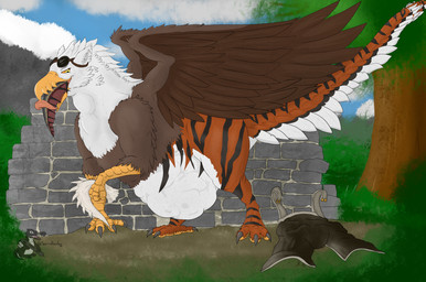 abdominal_bulge apron belly broken_horn clothing duo eyewear eyewear_on_head feathers feet feral forced goggles goggles_on_head horn male male/male neck_bulge oral_vore stripes tail talon_hands talons toes tongue tongue_out vore wall_(structure) white_body white_feathers wings sorrelbirdy(artist) mythology leagle_(hornyleagle) avian dragon gryphon mythological_avian mythological_creature mythological_scalie scalie absurd_res hi_res