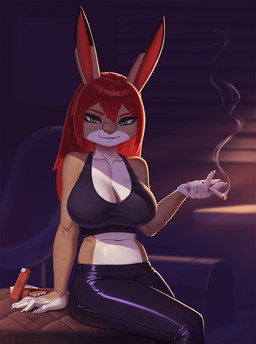 5_fingers anthro biped bottomwear breasts brown_body brown_fur cigarette claws clothed clothed_anthro clothed_female clothing countershade_torso countershading female finger_claws fingers front_view fully_clothed fully_clothed_anthro fully_clothed_female fur green_eyes holding_cigarette holding_object inside lighter looking_at_viewer pants sitting smile smoking solo teeth topwear hacatiko lagomorph leporid mammal rabbit 2025 digital_drawing_(artwork) digital_media_(artwork) hi_res