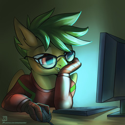 anthro beak clothed clothing computer computer_mouse electronics eyewear fangs fur glasses green_background green_body green_fur green_hair green_wings hair keyboard male monitor orange_eyes simple_background solo sweater teeth text topwear wings jedayskayvoker hasbro my_little_pony mythology fan_character avian gryphon mythological_avian mythological_creature 1:1 english_text hi_res signature url