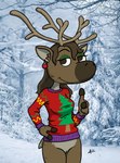 3_fingers anthro antlers bottomless bottomless_female brown_body brown_countershading brown_eyes brown_fur brown_hair christmas_clothing christmas_sweater christmas_topwear clothed clothing countershade_fur countershading ear_piercing ear_ring eyebrows eyeshadow female finger_gun fingers fur genitals gesture green_eyeshadow hair half-closed_eyes hand_gesture hand_on_hip holidays hooved_fingers hooves horn long_hair looking_at_viewer makeup multicolored_body multicolored_fur narrowed_eyes outside photo_background piercing pointing pointing_at_viewer pussy raised_eyebrow ring_piercing smile solo standing sweater toony topwear two_tone_body two_tone_fur zigmenthotep christmas deer mammal new_world_deer reindeer 2021 cel_shading digital_drawing_(artwork) digital_media_(artwork) photography_(artwork) shaded signature