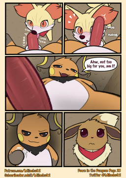 balls blush brown_body brown_fur brush dialogue erection fellatio female feral first_person_view fur genitals group kerchief kerchief_only licking low-angle_view male mostly_nude neckerchief neckerchief_only neckwear oral penile penis penis_lick penis_on_face red_body red_fur sex size_difference tail teeth text tongue tongue_out yellow_body yellow_fur milachu92 nintendo pokemon pokemon_mystery_dungeon spike_chunsoft brush_(pathwarden) luna_(pathwarden) eevee fennekin generation_1_pokemon generation_6_pokemon pokemon_(species) raichu absurd_res comic english_text hi_res