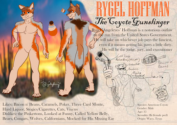 anthro clothing colt_single_action_army cowboy_hat gun handgun hat headgear headwear male ranged_weapon revolver solo text weapon goobyfun colt's_manufacturing_company pinkerton_national_detective_agency rygel_(goobyfun) canid canine canis coyote mammal absurd_res english_text hi_res model_sheet