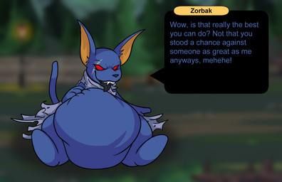anthro blurred_background digestion male obese overweight red_eyes sitting solo speech_bubble text tongue tongue_out vore archangellllll adventurequest adventurequest_worlds artix_entertainment dragonfable zorbak moglin english_text