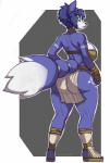 anthro bandeau big_butt bottomwear butt clothed clothing female fingerless_gloves footwear gloves handwear loincloth looking_at_viewer looking_back no_underwear pose sandals shoes simple_background solo topwear robotjoe nintendo star_fox krystal_(star_fox) canid canine fox mammal hi_res pinup