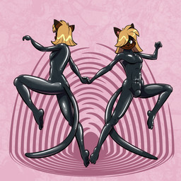 anthro bulge clone clothing duo femboy latex latex_clothing latex_skinsuit male null skinsuit tight_clothing trevor-fox dominictheraccoon mammal procyonid raccoon 1:1 hi_res sibling_(lore) twins_(lore)