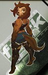 anthro brown_body brown_fur butt butt_pose clothed clothing eyebrows female fur leggings legwear looking_at_viewer looking_back piercing pose smile solo tail topwear torn_clothing torn_leggings torn_legwear wristband corromon alfie_(theeyomi) canid canine canis domestic_dog mammal 2024 hi_res