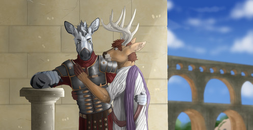 antlers aqueduct armor clothing detailed_background duo eye_contact fur hand_on_chest historical historical_dress horn hug looking_at_another lorica_(armor) lorica_segmentata male male/male markings outside robe romantic romantic_ambiance romantic_couple size_difference sky skyline standing striped_body striped_fur striped_markings stripes toga msempressrising dashing deer equid equine mammal zebra absurd_res hi_res story story_in_description widescreen