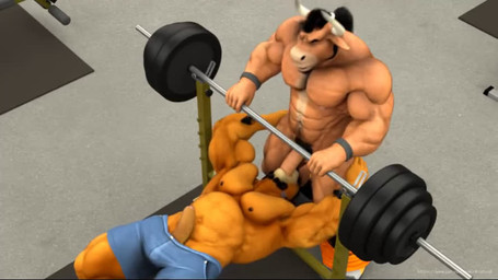 2_horns abs anthro balls barazoku barbell bench biceps big_muscles big_pecs black_hair blue_bottomwear blue_clothing blue_shorts body_hair bottomwear bottomwear_down clothed clothing deltoids duo facial_hair footwear forearm_muscles foreskin fur genitals goatee grey_wristband gym hair hand_on_another's_butt hand_on_butt happy_trail high-angle_view horn inside lying male male/male muscular muscular_anthro muscular_male navel nipples on_back on_bench orange_body orange_bottomwear orange_clothing orange_fur orange_shorts partially_clothed pecs penis penis_in_mouth ponytail pubes shoes shorts shorts_down sideburns sneakers standing topless weight_bench weights yellow_body yellow_fur braford house_of_beef kurt_(braford) oscar_(braford) bovid bovine cattle felid lion mammal pantherine 2025 3d_(artwork) 3d_animation animated digital_media_(artwork) no_sound short_playtime video