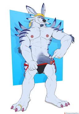 3_toes 5_fingers abs anthro areola arm_tuft balls barazoku beard biceps big_muscles big_penis biped black_clothing black_jockstrap black_nose black_underwear blue_body blue_fur blue_stripes claws closed_smile clothed clothing deltoids digit_ring dipstick_ears drop_shadow ear_markings ear_piercing ear_ring elbow_tuft erection facial_hair facial_piercing fangs feet finger_claws finger_ring fingers foreskin front_view fur gauged_ear genitals gesture glans gold_ring grey_balls grey_beard grey_body grey_facial_hair grey_fur grey_penis hand_gesture headgear headkerchief headwear humanoid_genitalia humanoid_hands humanoid_penis jewelry jockstrap jockstrap_down kerchief looking_at_viewer male male_anthro manly mouth_closed multicolored_body multicolored_clothing multicolored_ears multicolored_fur multicolored_jockstrap multicolored_underwear muscular muscular_anthro muscular_male narrowed_eyes navel nipples nose_piercing nose_ring overbite partially_clothed partially_clothed_anthro partially_clothed_male partially_retracted_foreskin patreon_logo patreon_username pecs penis piercing pink_areola pink_glans pink_nipples plantigrade pointing pointing_at_own_penis pointing_at_penis pointing_at_self pubes purple_claws purple_finger_claws purple_toe_claws quads red_clothing red_jockstrap red_underwear ring ring_piercing shadow simple_background smile smiling_at_viewer solo standing striped_body striped_fur stripes teeth text toe_claws toe_ring toes triceps tuft two_tone_clothing two_tone_jockstrap two_tone_underwear underbite underwear underwear_down vein veiny_penis yellow_eyes yellow_headkerchief yellow_kerchief spelunker_sal bandai_namco digimon patreon digimon_(species) weregarurumon artist_name digital_drawing_(artwork) digital_media_(artwork) flat_colors full-length_portrait hi_res portrait