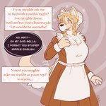 anthro apron bangs big_breasts blonde_hair blush breasts cleavage clothed clothing countershading dialogue dress female frilly frilly_apron frilly_clothing fur hair hypnosis maid_headdress maid_uniform mind_control offscreen_character ringed_eyes side_bangs solo standing tail tail_motion tailwag tan_body tan_fur text uniform white_body white_countershading yellow_eyes jintally hypnovember bella_(jintally) canid canine canis domestic_dog mammal 1:1 2024 colored english_text middle_english_text gynomorph_(lore) trans_(lore) trans_woman_(lore)