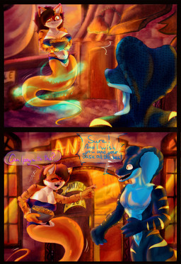 anthro apode black_border black_ear_tips black_stripes blue_body blue_countershading border bowl bra bracelet breasts brown_hair clothing container countershading dialogue dipstick_ears duo ear_markings female floating food gold_(metal) gold_jewelry hair holding_bowl holding_container holding_object jewelry legless magic male multicolored_ears onion_rings open_mouth open_smile orange_body orange_scales outside panties purple_body purple_bra purple_clothing purple_panties purple_scales purple_underwear scales serpentine smile speech_bubble stripes tan_body tan_countershading tan_inner_ear text underwear yellow_body yellow_scales porteryx dinic tori_taxel draconcopode felid genie mammal naga pantherine reptile scalie snake snake_naga tiger 2026 absurd_res comic english_text hi_res