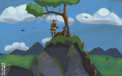 anthro blue_sky cloud fence landscape melee_weapon moss mountain plant sitting sky solo sword tree tree_swing weapon worfix hyena mammal 16:10 hi_res widescreen