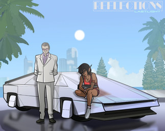 bottomwear breasts brown_body brown_fur building car city cleavage clothed clothing cloud duo eyewear female flying_car footwear fully_clothed fur futuristic glasses horn male not_furry outside palm_tree pants plant shirt shoes sitting sky standing suit sun sunglasses tank_top topwear tree vehicle aleone human humanoid mammal
