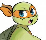 2017 anthro blue_eyes bust_portrait clothing freckles inkyfrog kerchief looking_at_viewer male mask michelangelo_(tmnt) noseless open_mouth portrait reptile scalie shell simple_background solo teenage_mutant_ninja_turtles turtle white_background