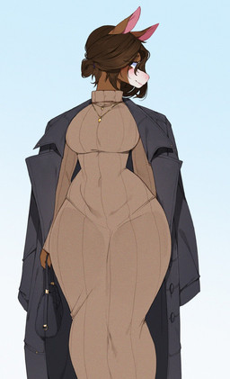 anthro big_breasts biped breasts brown_body brown_fur brown_hair clothed clothed_anthro clothed_female clothing coat curvy_figure dress female front_view fully_clothed fully_clothed_anthro fully_clothed_female fur hair jewelry necklace smile solo standing sweater topwear turtleneck wide_hips punipaws equid equine horse mammal hi_res