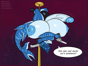 anthro areola balls balls_outline big_balls big_breasts big_penis blue_areola blue_hair blue_nipples breasts bulge clothing dancing detailed_bulge dialogue erection footwear genital_outline genitals gun gynomorph hair high_heels holding_gun holding_object holding_ranged_weapon holding_weapon huge_balls huge_breasts huge_penis hyper hyper_breasts hyper_genitalia hyper_penis intersex mostly_nude nipples non-mammal_breasts non-mammal_nipples penis pole pole_dancing question_mark ranged_weapon shoes solo speech_bubble stripper_pole text thick_thighs thong underwear upside_down vein veiny_penis weapon white_eyes borisalien nora_(megatome) aquatic fish shark 2022 4:3 digital_media_(artwork) english_text hi_res url