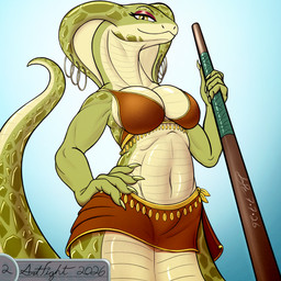 5_fingers apode athletic athletic_female big_breasts big_tail bottomwear bra breasts claws cleavage clothed clothing countershade_scales countershading eyelashes eyeshadow female finger_claws fingers front_view furgonomic_piercing furgonomics gold_piercing gold_ring_piercing gradient_background green_body green_claws green_scales hand_on_hip holding_object holding_staff humanoid_hands legless long_neck long_tail looking_at_viewer looking_down looking_down_at_viewer low-angle_view makeup multicolored_body multicolored_scales navel non-mammal_breasts non-mammal_navel orange_bottomwear orange_bra orange_clothing orange_skirt orange_underwear piercing pupils raised_tail red_eyeshadow ring_piercing scales sequins serpentine side-tie_clothing simple_background skimpy skirt slit_pupils smile smiling_at_viewer smirk smirking_at_viewer snake_hood snake_hood_piercing snout solo staff tail tan_body tan_countershading tan_scales tapering_tail thick_tail two_tone_body two_tone_scales underwear ventral_scales wide_hips yellow_eyes spe art_fight anja_(brandenfascher) draconcopode naga reptile scalie snake snake_naga yuan-ti_abomination 2026 dated digital_drawing_(artwork) digital_media_(artwork) hi_res procreate_(artwork) shaded signature soft_shading