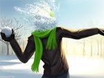 black_nose clothed clothing fur green_hair green_scarf hair jacket male outside plant scarf sky snow snowball snowball_fight solo topwear tree white_body white_fur winter geewolf canid canine canis domestic_dog husky mammal nordic_sled_dog spitz 2020 4:3