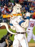 anthro baseball_(sport) baseball_bat baseball_uniform bat_(object) belt blush bottomwear butt clothing fur hair looking_at_viewer male mane mascot one_eye_closed pants photo_background solo_focus sport sportswear tail tongue tongue_out topwear uniform white_body white_fur haru41113 nippon_professional_baseball saitama_seibu_lions leo_(saitama_seibu_lions) felid human lion mammal pantherine 2024 hi_res photography_(artwork)