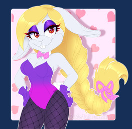 anthro blonde_hair bow_tie braided_hair breasts buckteeth cleavage clothed clothing eyelashes eyeshadow female fishnet_clothing gloves hair handwear legwear leotard long_hair looking_at_viewer makeup pattern_background playboy_bunny purple_eyeshadow red_eyes simple_background smile solo strapless_clothing strapless_leotard teeth tights metalpandora mario_bros nintendo super_mario_odyssey broodal hariet_(mario) lagomorph leporid mammal rabbit 2020 alpha_channel digital_media_(artwork)