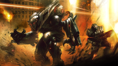 armor building city claws detailed_background duo_focus explosion fire group laser machine male not_furry skyscraper smoke technology unknown_artist robot 16:9 hi_res widescreen