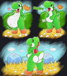 abdominal_bulge after_vore anthro anthro_pred belly big_belly black_eyes burping burping_up_object butt churn cloud digestion face_imprint green_body green_tail imprint loose_feather navel open_mouth red_spikes rock saddle skull_symbol slosh soft_vore solo standing tail tongue tongue_out uvula vore white_belly white_butt finniponx mario_bros nintendo avali yoshi 2026 comic hi_res