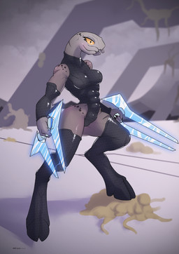 abs anthro armwear breasts clothing energy_sword energy_weapon female glistening glistening_clothing grey_body holding_melee_weapon holding_object holding_sword holding_weapon leggings legwear leotard mandibles melee_weapon muscular muscular_anthro muscular_female scar solo stomping sword thigh_highs tight_clothing weapon yellow_eyes sat_v12 halo_(series) microsoft xbox_game_studios alien flood_(halo) sangheili 2020 digital_media_(artwork) hi_res