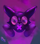 anthro big_eye clothing fog gas_mask gradient_background latex long_ears male mask narrowed_eyes purple_clothing simple_background solo squint thin_eyebrows psycheapple canid canine fox mammal absurd_res headshot_portrait hi_res portrait