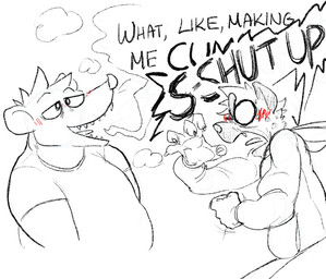 angry anthro blush claws dialogue duo eyewear flushed glasses male male/male overweight profanity speech_bubble talking_to_another text vape_cloud dama624 american_opossum hyena mammal marsupial english_text