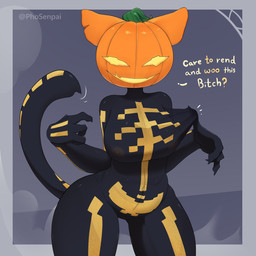 anthro big_breasts biped bodysuit breasts clothing curvy_figure dialogue female food for_a_head fruit gesture hand_gesture hourglass_figure inviting_viewer navel_outline nipple_outline plant pointing pointing_at_self pumpkin pumpkin_head raised_tail seductive simple_background skinsuit solo speech_bubble tail talking_to_viewer text thigh_gap tight_clothing wide_hips phosenpai epic_games fortnite spice_(fortnite) object_head 1:1 2025 english_text hi_res