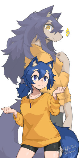 anthro black_bottomwear black_clothing black_shorts blue_eyes blue_hair blue_tail bottomwear bread clothed clothing dual_persona emanata female food fur hair hotpants inner_ear_fluff jewelry looking_at_viewer necklace purple_hair shorts simple_background smile solo sweater tail tan_body tan_fur topwear tuft white_background yellow_clothing yellow_eyes yellow_sweater yellow_topwear rekidesu mythology tsukiko_(rekidesu) animal_humanoid canid canid_humanoid canine canine_humanoid canis humanoid mammal mammal_humanoid mythological_canine mythological_creature werecanid werecanine werecreature werewolf wolf wolf_humanoid 2024 comic digital_media_(artwork) hi_res signature
