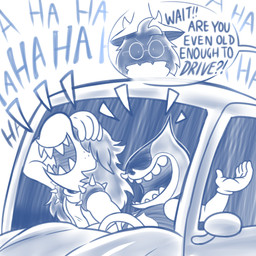 anthro car clothed clothing duo eyewear glasses hair humor inside_car inside_vehicle laugh sharp_teeth simple_background spades_(suit) suit_symbol teeth text vehicle gerrkk deltarune undertale_(series) lancer_(deltarune) ralsei susie_(deltarune) bovid caprine darkner goat humanoid mammal reptile scalie 1:1 2018 blue_and_white english_text hi_res monochrome