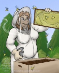 4_fingers anthro beekeeper breasts brown_hair clothing eyewear female fingers food glasses gloves hair handwear hat headgear headwear honey_(food) outside smile solo teeth white_clothing white_gloves white_handwear curiodraco annamarie arthropod bee hymenopteran insect lagomorph leporid mammal rabbit