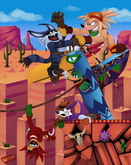 4_toes anthro arms_tied_behind_back beak belt black_nose brown_clothing brown_gloves brown_handwear brown_hat brown_headwear cactus cheek_tuft clothing day desert facial_tuft fangs feathers feet fishing_rod footwear fur fur_tuft furgonomic_hat furgonomic_headwear furgonomics gloves green_body green_clothing green_feathers green_footwear green_socks group handwear hat headgear headwear holding_feather holding_fishing_rod holding_object kerchief laugh loose_feather male male/male markings multicolored_body multicolored_fur neckerchief neckwear open_mouth open_smile orange_clothing orange_hat orange_headwear plant plantigrade pupils purple_body purple_fur red_body red_fur red_kerchief red_neckerchief rope sandals sharp_teeth shoes sky slit_pupils smile socks striped_body striped_fur striped_markings striped_tail stripes tail tail_markings tan_body tan_fur teeth tickle_fetish tickle_torture tickling tickling_feet toes tongue totem_pole tuft white_body white_clothing white_fur white_gloves white_handwear wrist_grab yellow_beak yellow_sclera glifer sega sonic_the_hedgehog_(series) bark_the_polar_bear bean_the_dynamite big_the_cat fang_the_hunter knuckles_the_echidna avian bear bird dipodid domestic_cat echidna felid feline felis jerboa mammal monotreme polar_bear rodent ursine hi_res