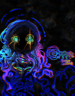 ambiguous_gender black_background curly_hair glowing glowing_eyes hair long_hair not_furry simple_background solo spiral spiral_eyes text the_distortion_(tma) blackberreh the_magnus_archives entity_(tma) humanoid monster spiral_(tma) colorful_theme digital_media_(artwork) hi_res