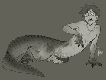 all_fours animal_genitalia animal_penis balls balls_shrinking biped_to_quadruped bodily_fluids claw_growth claws constricted_pupils crocodilian_penis erection feral finger_claws genitals growth hair human_to_feral looking_at_self male mid_transformation nipples penis pupils scale_growth scales scared short_hair small_pupils solo species_transformation tail tears thick_tail toe_claws transformation sparks_99 crocodilian human mammal reptile scalie greyscale hi_res monochrome signature