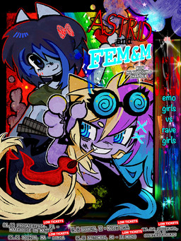 alternative_fashion anthro breasts clothing dizzy_eyes duo eyewear female fire goggles grey_body hair match multicolored_hair musical_note musical_symbol purple_body rainbow rave scene_(fashion) sparklefur symbol text two_tone_hair spoolbug fem&m domestic_cat felid feline felis mammal 3:4 colored english_text hi_res trans_(lore) trans_woman_(lore)